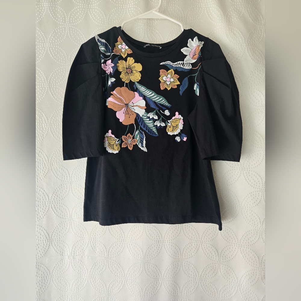 Queit Luxury Puff Sleeve Floral Soft Zara Black Crew Neck Blouse Sz S
